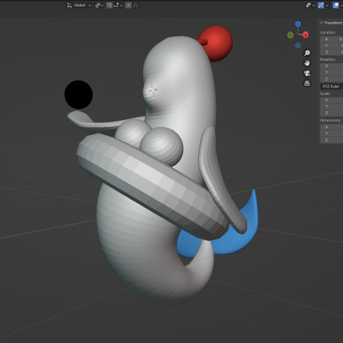 Four Blender screenshots of increasingly completed work in progress captures of the figure. The first shows crude shapes while the last displays the editor's camera viewport as configured for the render.